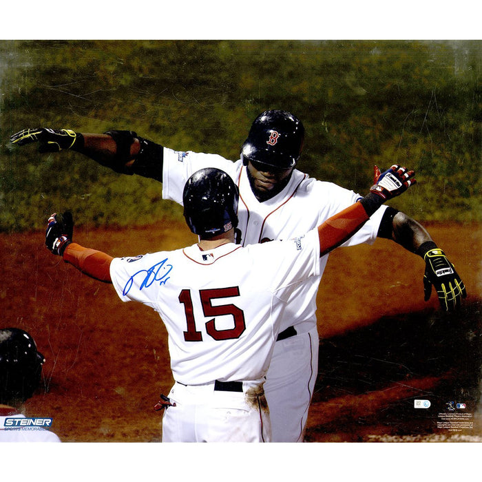 David Ortiz/Dustin Pedroia Horizontal Hug with Pedroia at Homeplate 20x24 Photo Signed by Pedroia