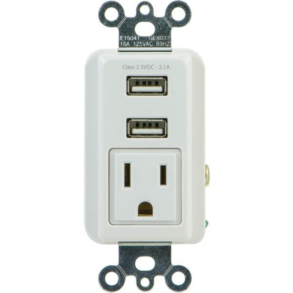 GE 25336 2.1-Amp 1-Outlet In-Wall Receptacle with 2 USB Ports