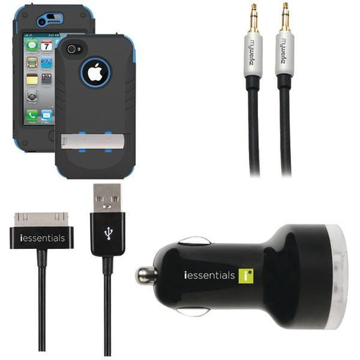 Trident Ip 4-4s Kraken Case (blue) & Iessentials Car Charger, Cord, & Audio Cbl