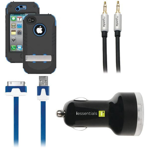 Trident Ip 4-4s Kraken Case (blue) & Iessentials Car Charger, Cord, & Audio Cbl