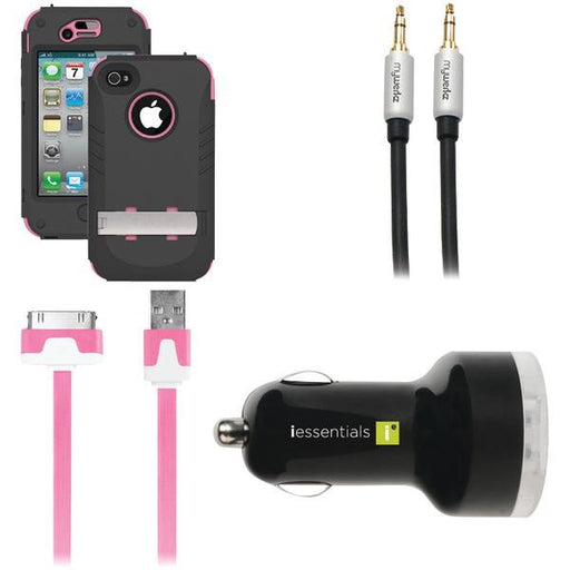 Trident Ip 4-4s Kraken Case (pink) & Iessentials Car Charger, Cord, & Audio Cbl