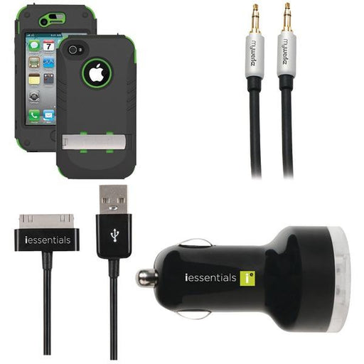 Trident Ip 4-4s Kraken Case (grn) & Iessentials Car Charger, Cord, & Audio Cbl