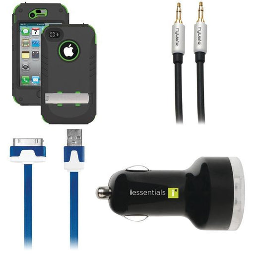 Trident Ip 4-4s Kraken Case (grn) & Iessentials Car Charger, Cord, & Audio Cbl