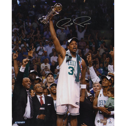 Paul Pierce Signed 16x20 Holding Up 2008 NBA Finals MVP Trophy