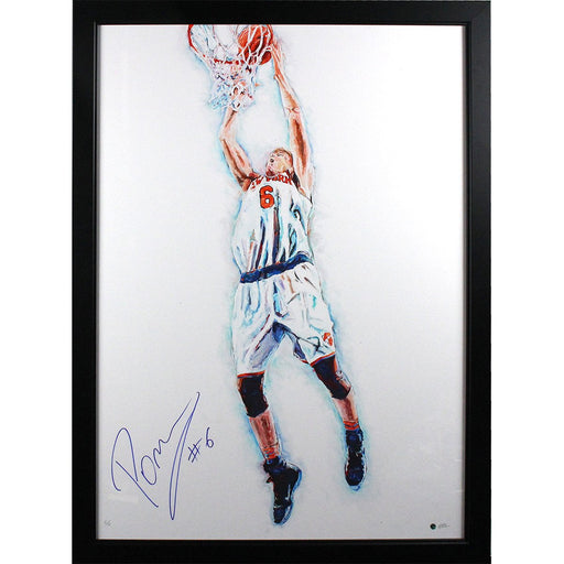 Kristaps Porzingis Signed and Framed 26x36 Dunk Hintz Studios Fine Art Print (LE/10) (Flat Black Frame)