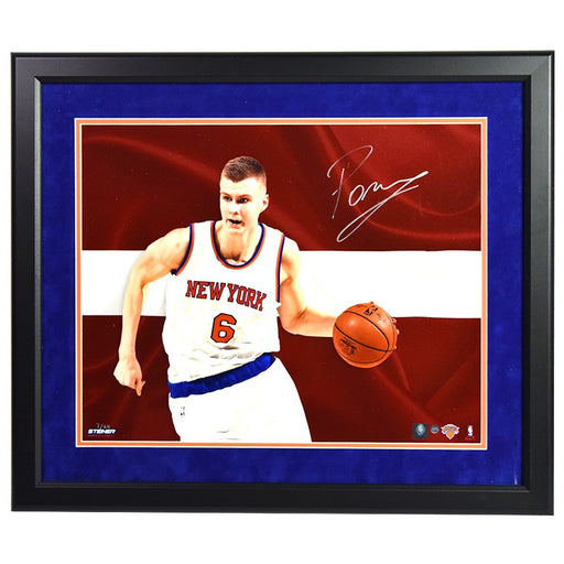 Kristaps Porzingis Signed and Framed  Knicks Latvian Flag 16x20 Photo (LE/66)- Round Black Frame w/ Blue over Orange matte