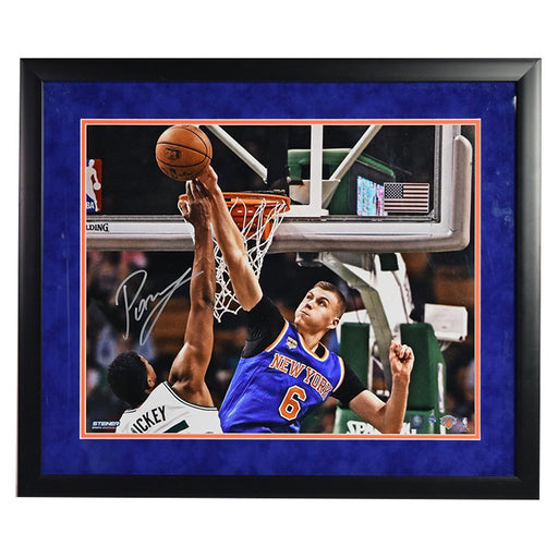 Kristaps Porzingis Signed and Framed  'Block vs. Boston' 16x20 Photo- Flat Black Frame w/ Blue over Orange matte