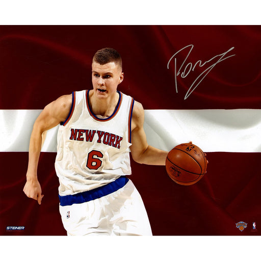 Kristaps Porzingis Signed Knicks Latvian Flag 16x20 Photo (LE/66)