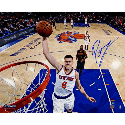 Kristaps Porzingis Signed Dunking vs. Hawks 16x20 Metallic Photo (Signed in Blue)