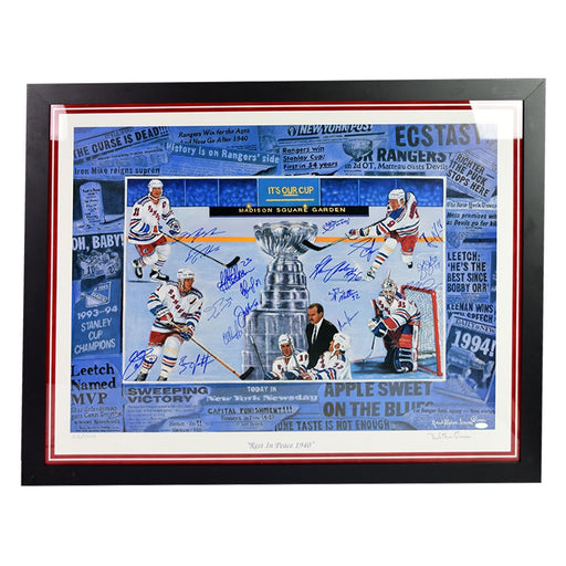 New York Rangers Multi Signed and Framed  'Rest in Peace 1940' Robert Steven Simon 26x34 Lithograph (17 Sigs)-Round Black Frame w/ White over Blue matte