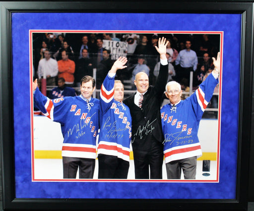 Mark Messier / Mike Richter / Eddie Giacomin / Rod Gilbert Multi Signed and Framed Wave to the Crowd Horizontal 16x20 Photo w/ "Retired Number Date" Insc (Round Black Frame w/ Blue over Red  matte)