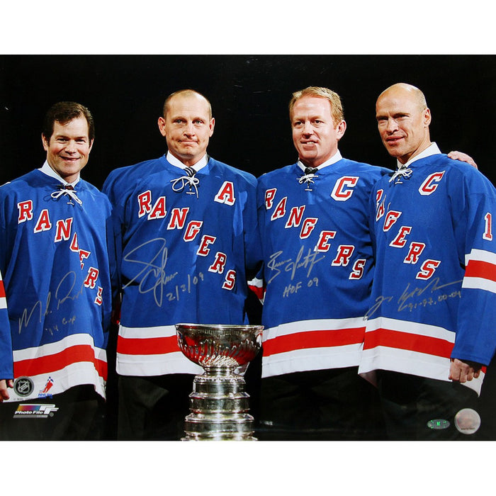 Mike Richter (’94 Cup)  Adam Graves (2/3/09)  Brian Leetch (HOF 09)  and Mark Messier (91-97  00-04) Multi Signed and Inscribed Group 16x20 Photo