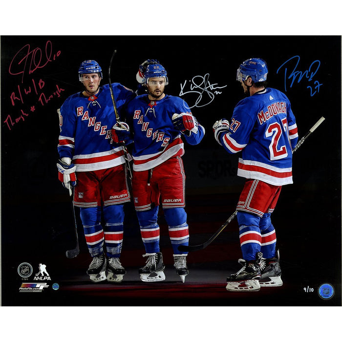 JT Miller/Kevin Shattenkirk/Ryan McDonagh Triple Signed and Inscribed "R/W/B Through and Through" (Signed in Red White and Blue) Goal Celebration' 16x20 Photo (L/E 10)