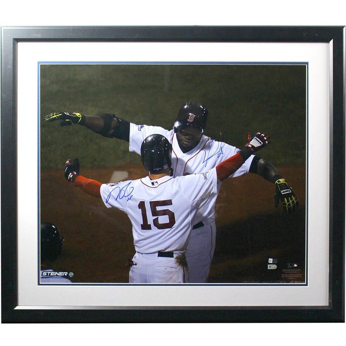 David Ortiz/Dustin Pedroia Dual Signed Horizontal Hug with Pedroia at Homeplate 20x24 Photo (LE/50) (MLB Auth) Framed- Round Black Frame w/ White over Blue matte