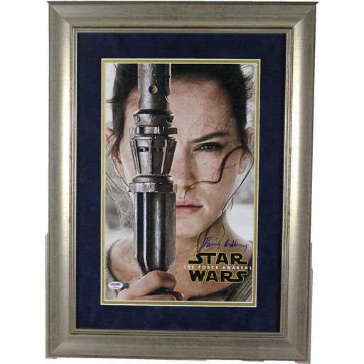 Daisy Ridley Signed Star Wars VII: The Force Awakens 10x16 Close Up Movie Poster ( PSA/DNA & SSM) (Thick gold frame w/ blue over gold matte)