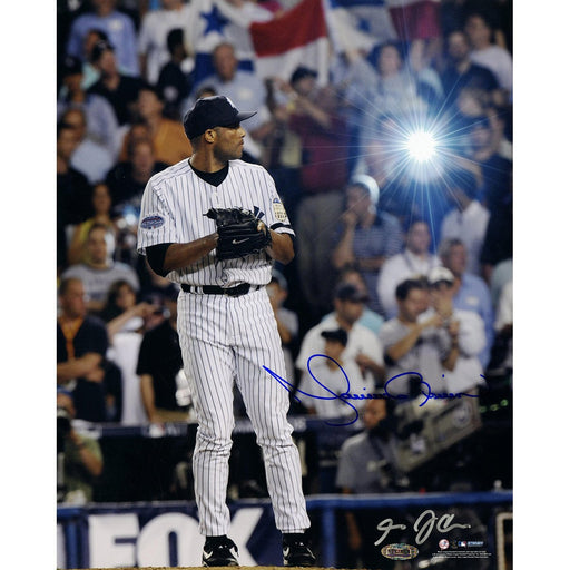 Mariano Rivera Signed 2008 Yankees Pinstripe Jersey Pitching Vertical 11x14 Photo (Signed in Blue)(Signed by Anthony Causi in Silver)