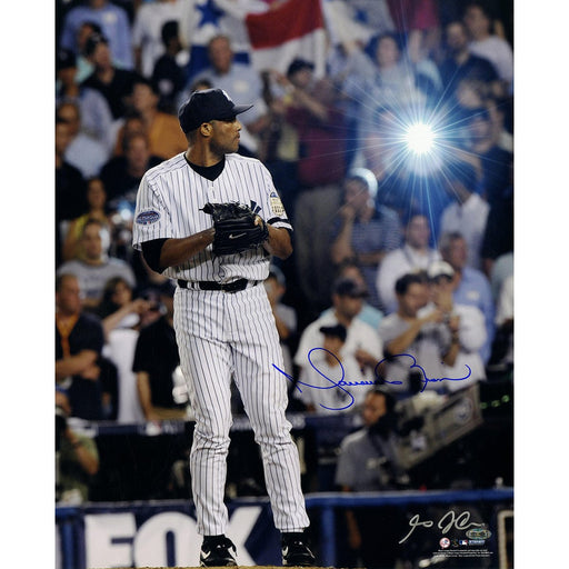 Mariano Rivera Signed 2008 Yankees Pinstripe Jersey Pitching Vertical 16x20 Photo (Signed in Blue)(Signed by Anthony Causi in Silver)