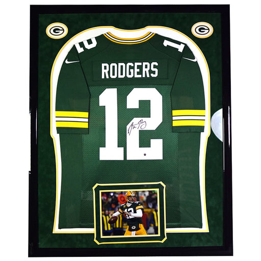 Aaron Rodgers Elite Framed and Signed Green Bay Packers Green Twill Limited Nike Jersey