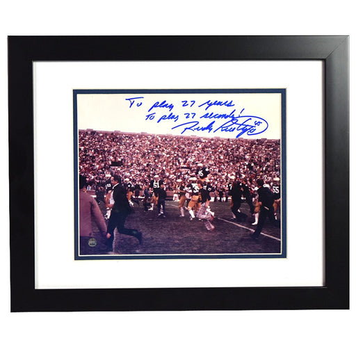 Rudy Ruettiger Signed and Framed Carried Off the Field 8x10 Photo w/ "It Took 27 Years to Play 27 Seconds!" Insc - Flat Black Framed w/ White over Blue matte