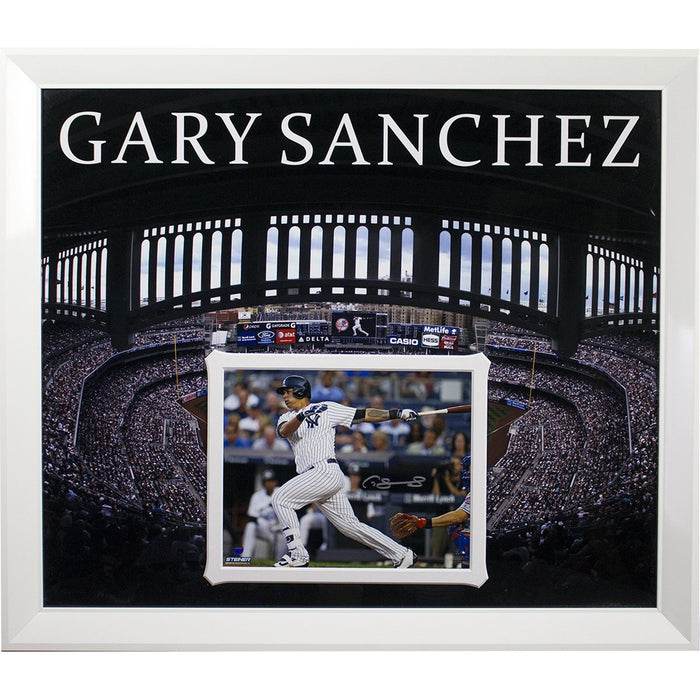 Gary Sanchez Framed Collage with Signed 8x10 and Stadium/Façade Background Image (22x27 White Frame)