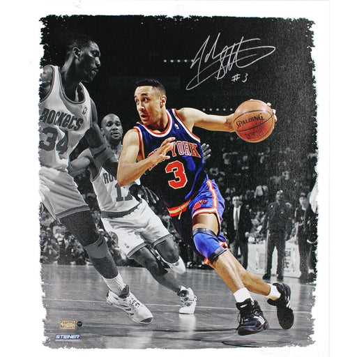 John Starks Signed Dribbling Around Hakeem Olajuwon 22x26 Unstretched Canvas