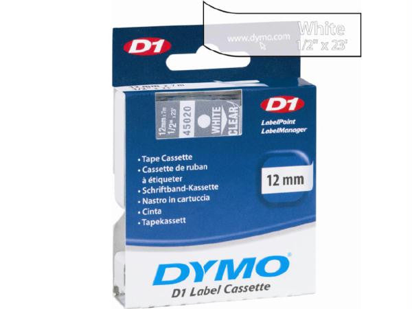 Dymo White Print- Clear Tape, 1-2 X 23