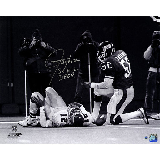 Lawrence Taylor Signed 'Sack over Randall Cunningham' Horizontal B&W 16x20 Photo w/ "3x NFL DPOY" Insc