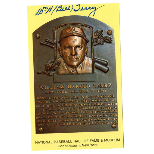 Bill Terry Signed Yellow Baseball Hall of Fame Plaque Card (JSA Auth)