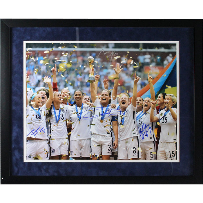 Christie Rampone/ Kelly O'Hara/Julie Johnston/Carli Lloyd Signed and Framed Team USA 2015 Women's World Cup Final Champions Trophy Celebration 16x20 Photo (Flat Black Frame w/ Blue over White Matte)