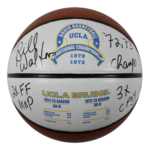 Bill Walton UCLA 1972 and 1973 National Champions Full Size White Panel Basketballl w/ "72-73 Champs  3x CPOY  2XFF MOP" Insc