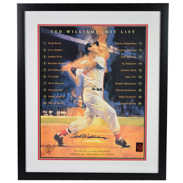 Ted Williams Signed and Framed 16x20 Ted Williams Hit List Poster (Green Diamond Auth)- Flat Black Frame w/ White over Red matte