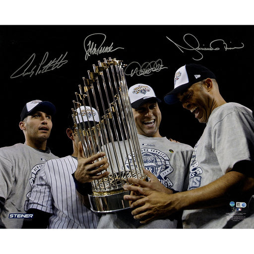 Derek Jeter/Mariano Rivera/Andy Pettitte/Jorge Posada Multi Signed Holding 2009 WS Trophy Horizontal 16x20 Photo MLB Auth