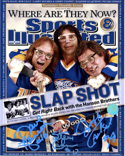 The Hanson Brothers Signed Charleston Chiefs Slap Shot Sports Illustrated Cover 8x10 Photo (AJ Sports Auth)