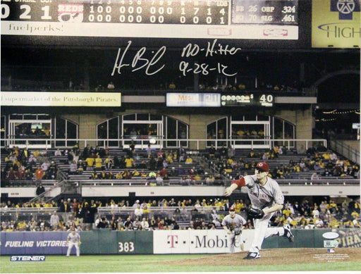 Homer Bailey Cincinnati Reds Pitching No-hitter Against Pirates Signed Horizontal 16x20 Photo w/ No Hitter 9-28-12 Insc