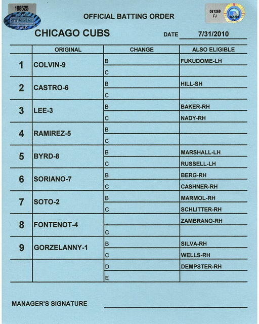 Chicago Cubs at Colorado Rockies 7-31-2010 Blue Game Used Line-up Card  (FJ061269)