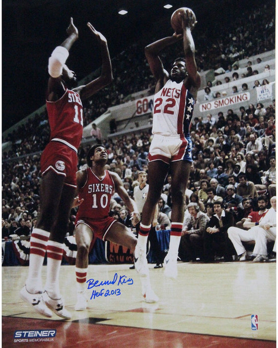 Bernard King Signed 16x20 Nets Jumper over 76'ers Cheeks and Jones w/ HOF Insc.