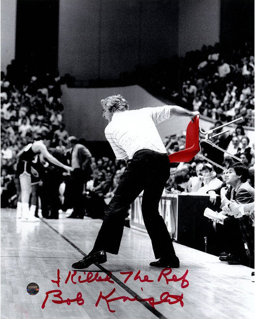 Bob Knight Signed Throwing Chair B&W w/ Red Chair 8x10 Photo w/ "I Killed The Ref" Insc.