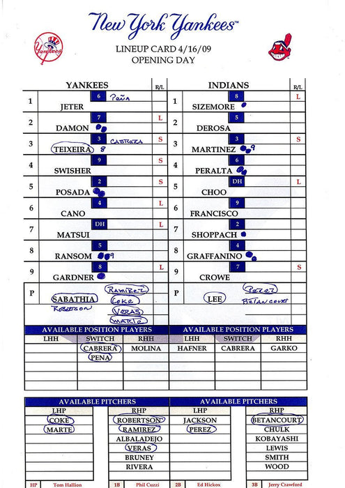 2009 Yankees Opening Day Replica Line Up Card uns