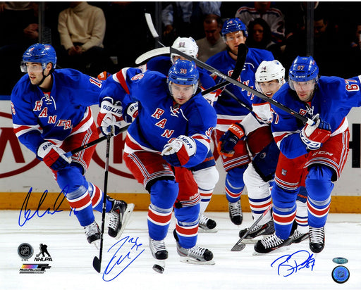 New York Rangers Triple Signed Zuccarello  Pouliot and Brassard Skating 16x20 photo