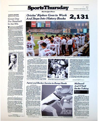 New York Times Reprint Cover 17"x22" September 7  1995 Cal Ripken Surpasses Gehrig