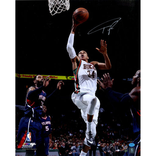 Giannis Antetokounmpo Signed Milwaukee Bucks 16x20 Photo White Jersey Layup