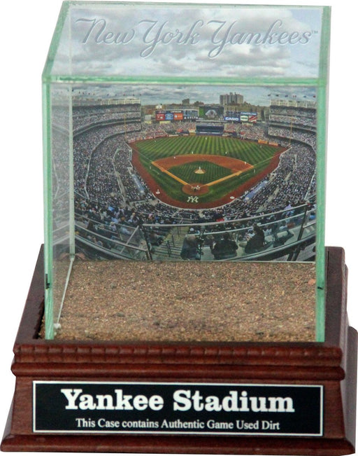 New York Yankees Stadium Background Glass Single Baseball w/ Yankee Stadium Authentic Dirt & Nameplate