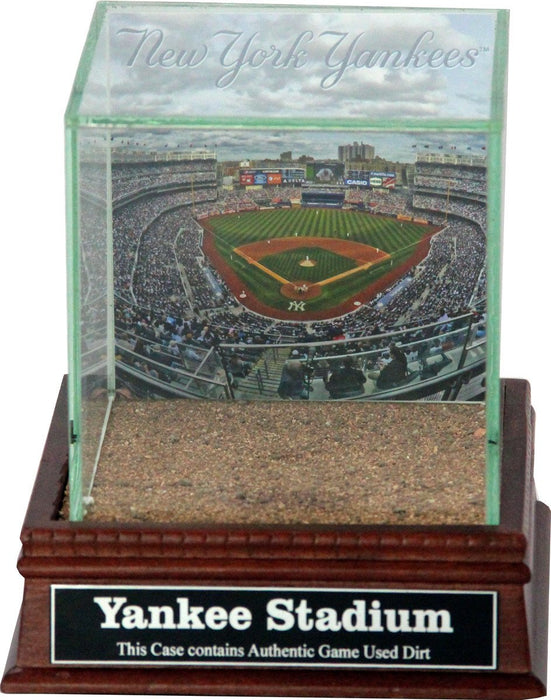 New York Yankees Stadium Background Glass Single Baseball w/ Yankee Stadium Authentic Dirt & Nameplate