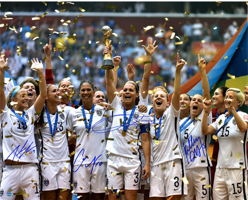 Christie Rampone/ Kelly O'Hara/Julie Johnston/Carli Lloyd Signed Team USA 2015 Women's World Cup Final Champions Trophy Celebration 16x20 Photo (Lloyd in Silver)