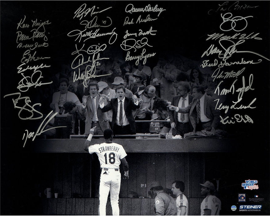 1986 New York Mets Team Signed Darryl Strawberry Curtain Call BW 16x20 Photo 28 Signatures