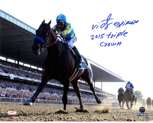 Victor Espinoza Signed American Pharoah Leads The Pack 2015 Belmont Stakes 8x10 photo w/ "2015 Triple Crown" Insc.