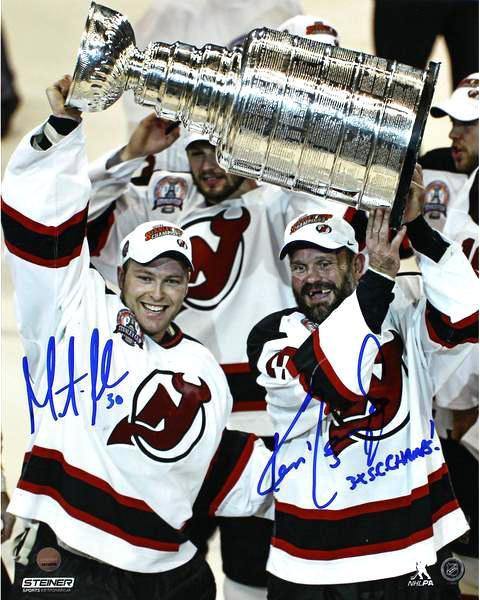 Ken Daneyko/ Martin Brodeur Dual Signed 'Raising the Cup' 8x10 Photo w/ "3x SC Champs" Insc By Daneyko