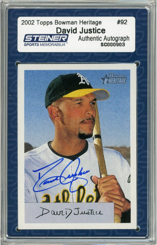 David Justice Signed 2002 Topps Card - A's - "Bowman Heritage" - Side view portrait/bat on shoulder (Slabbed by Steiner)