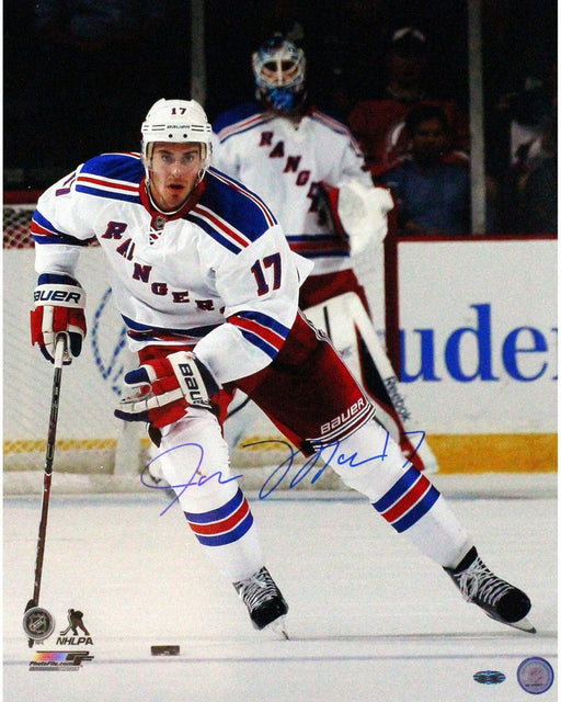 John Moore New York Rangers White Jersey Signed Vertical 16x20 Photo