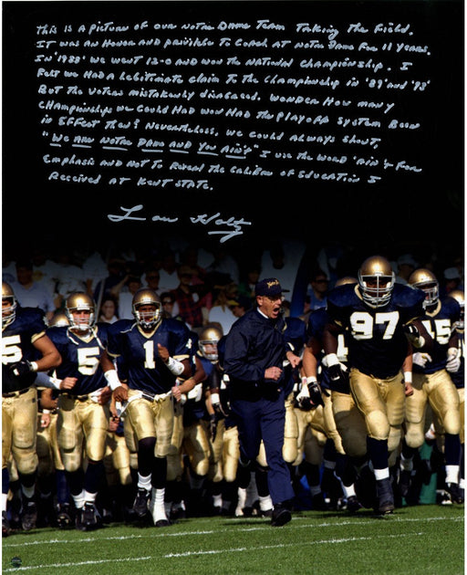 Lou Holtz Running out Notre Dame Tunnel Signed Vertical 16x20 Story Photo